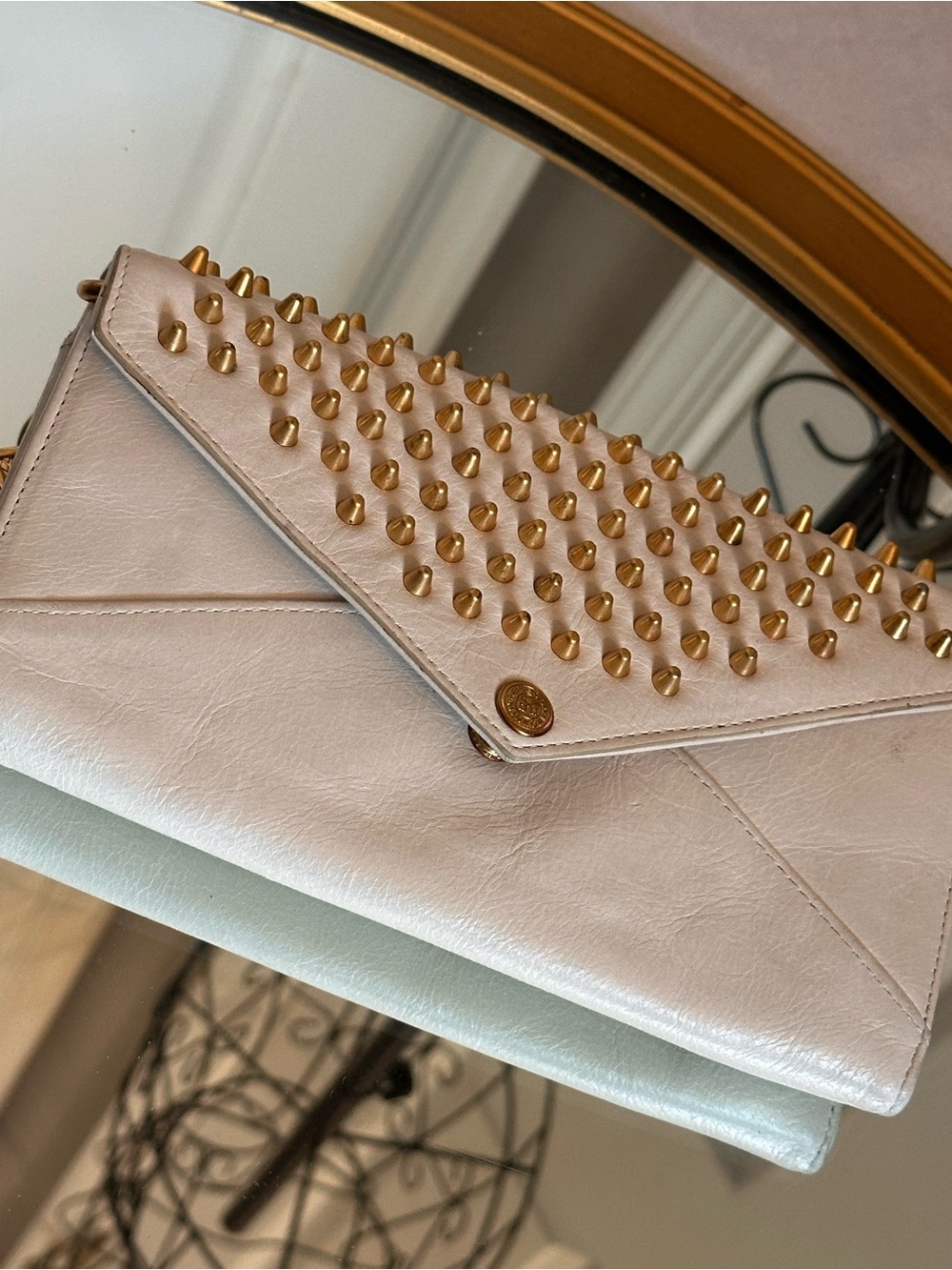 Rebecca Minkoff Studded Off White Leather Envelope Clutch with gold pyramid stud - Picture 3 of 10